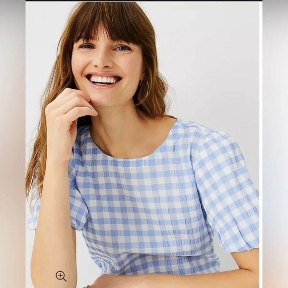 Ann Taylor Gingham Bubble Sleeve Top in blue and white check seersucker blouse - Picture 2 of 11